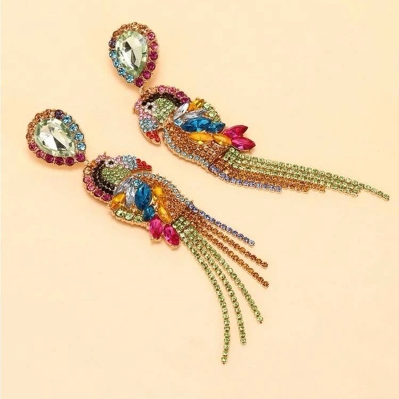Parrot Bird Rhinestone Drop Earrings - Picture 7 of 17